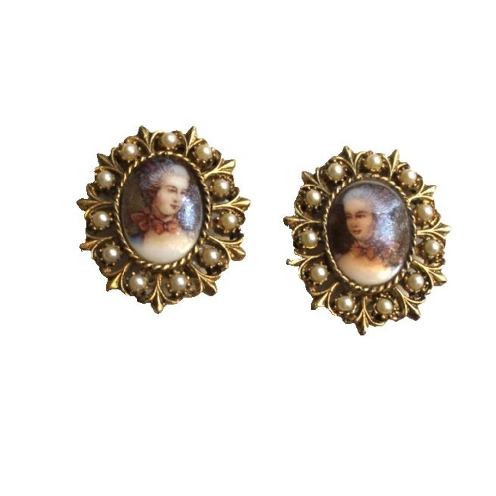Vintage Victorian Revival Portrait Clip On Earrings With Faux Seed Pearls